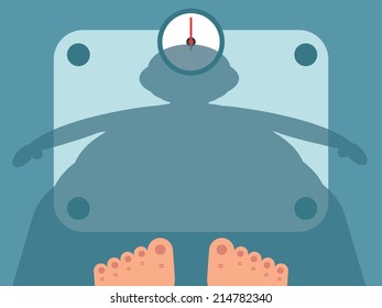 Fat man measuring weight on bathroom scale, vector illustration