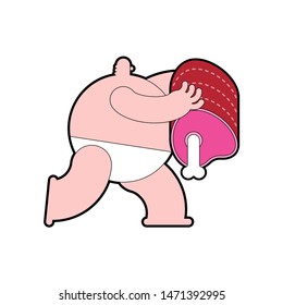 Fat man and meat cartoon. vector illustration
