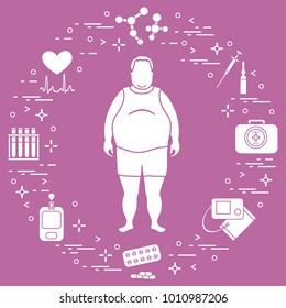 Fat man with medical devices, tools and drugs around him. Health and treatment. Design for banner and print.