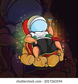 The fat man with a lot of money and using astronaut helmet of illustration