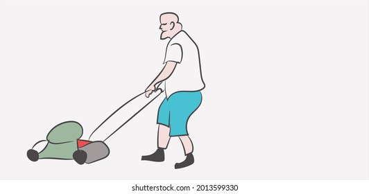fat man mowing the lawn with a lawn mower 