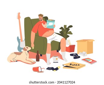 Fat man with obesity eating fastfood from delivery sitting on armchair at home. Bad habits and sedentary lifestyle concept. Cartoon flat vector illustration