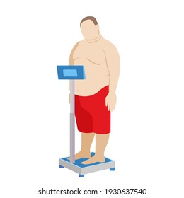 fat man on electronic scales. medical scales. weighing. stock vector illustration.