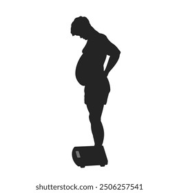 Fat man on the scale silhouette. An overweight guy looks at his weight. Isolated drawing of an adult leading an unhealthy lifestyle. Man with a big stomach side portrait. Vector illustration