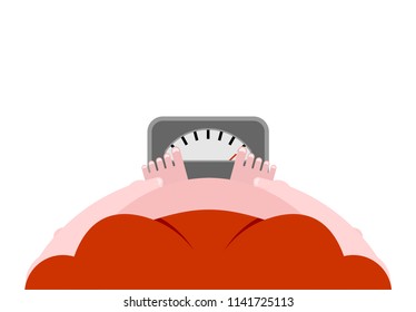 Fat man on scales top view. Vector illustration
