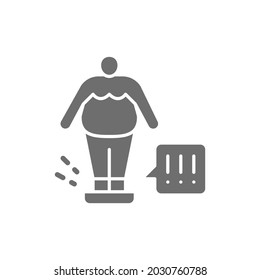 Fat man on scales, weight control grey icon.