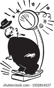 Fat Man On Weigh Scale - Retro Clip Art Illustration