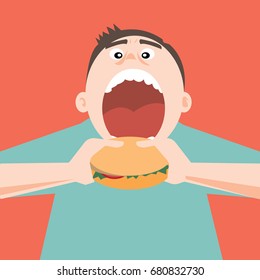 Fat man open mouth for eat hamburger