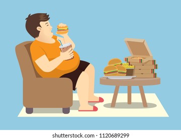 Fat man overeating with many fast food on the table. Illustration about  binge eating.
