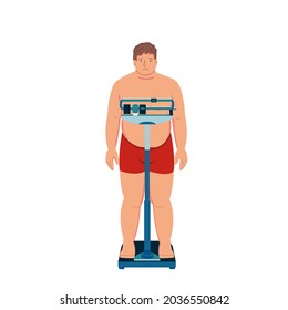 Fat Man Patient On The Scales. Excess Weight. Obesity, Diabetes, Overeating, Hormonal Imbalance And The Thyroid Gland. Stock Vector Illustration Isolated On White Background.