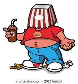 Fat man with popcorn bag on his head, carrying boba drink and donuts with his hand, finished watching movies in cinema, best for mascot or logo for franchise restaurant business