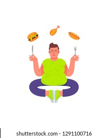 Fat man in a pose of meditation with a fork and a knife in his hands. Fat man and unhealthy food. Burger, hot dog and drumstick. Vector illustration in cartoon style.