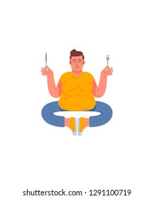 Fat man in a pose of meditation with a fork and a knife in his hands. Fat man meditates before eating. Vector illustration in cartoon style.