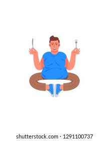 Fat man in a pose of meditation with a fork and a knife in his hands. Fat man meditates before eating. Vector illustration in cartoon style.
