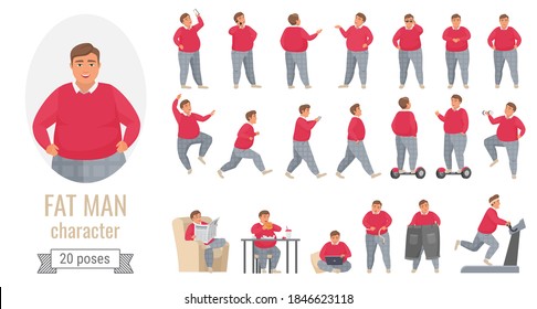 Fat man poses vector illustration set. Cartoon body positive male character wearing red sweater and gray pants, showing different postures action poses in front, side or back view isolated on white