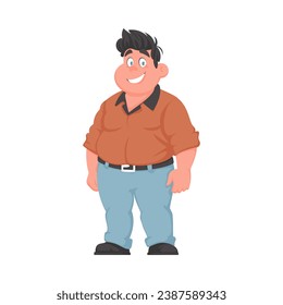 Hombre gordo posando y sonriendo. El hombre con sobrepeso es lindo, tema de positividad corporal. Estilo de la caricatura