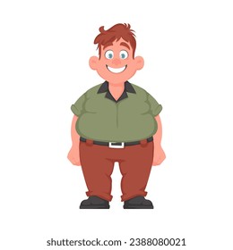 Hombre gordo posando y sonriendo. El hombre con sobrepeso es lindo, tema de positividad corporal. Estilo de la caricatura