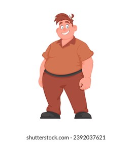 Hombre gordo posando y sonriendo. El hombre con sobrepeso es lindo, tema de positividad corporal. Estilo de la caricatura