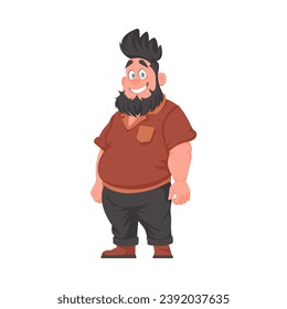 Hombre gordo posando y sonriendo. El hombre con sobrepeso es lindo, tema de positividad corporal. Estilo de la caricatura