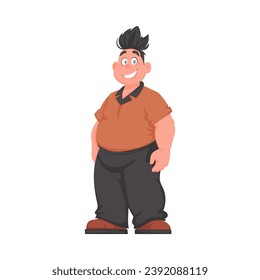 Hombre gordo posando y sonriendo. El hombre con sobrepeso es lindo, tema de positividad corporal. Estilo de la caricatura