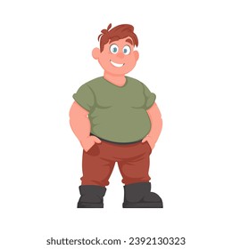 Hombre gordo posando y sonriendo. El hombre con sobrepeso es lindo, tema de positividad corporal. Estilo de la caricatura