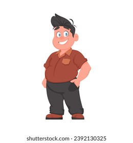 Hombre gordo posando y sonriendo. El hombre con sobrepeso es lindo, tema de positividad corporal. Estilo de la caricatura