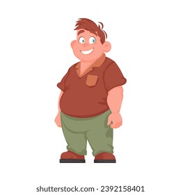 Hombre gordo posando y sonriendo. El hombre con sobrepeso es lindo, tema de positividad corporal. Estilo de la caricatura