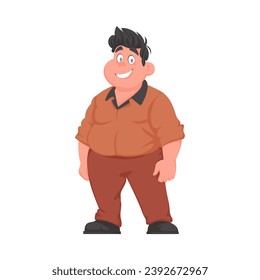 Hombre gordo posando y sonriendo. El hombre con sobrepeso es lindo, tema de positividad corporal. Estilo de la caricatura