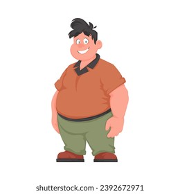 Hombre gordo posando y sonriendo. El hombre con sobrepeso es lindo, tema de positividad corporal. Estilo de la caricatura