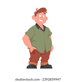 Hombre gordo posando y sonriendo. El hombre con sobrepeso es lindo, tema de positividad corporal. Estilo de la caricatura