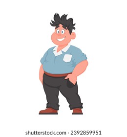 Hombre gordo posando y sonriendo. El hombre con sobrepeso es lindo, tema de positividad corporal. Estilo de la caricatura