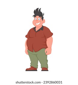 Hombre gordo posando y sonriendo. El hombre con sobrepeso es lindo, tema de positividad corporal. Estilo de la caricatura