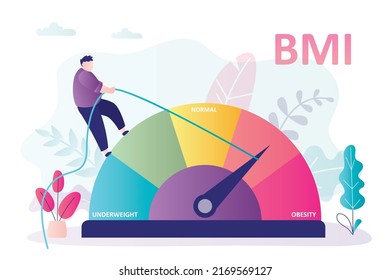 Fat man pulls indicator arrow down. Guy tries to reduce body weight through diet and sports. Body mass index calculator. Male character with obesity problems wants to change. Flat vector illustration