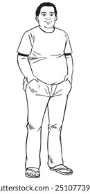 A fat man puts his hands in his pants pockets while standing. Illustration in black and white and vector format. This illustration is not an AI Generated content.