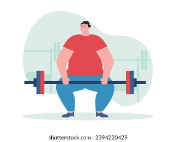 Fat man in a red t-shirt is trying to lift a barbell in the gym, exercising to lose weight. Character design. Vector flat illustration