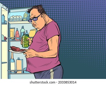 Fat man at the refrigerator. Night hunger. Overweight and health, diet