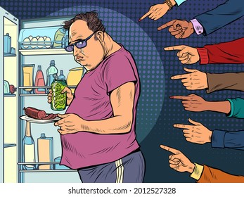 Fat Man At The Refrigerator. Others Condemn A Person For His Dependence On Food. Shame