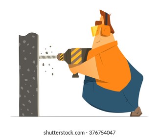 Fat man repairman builder worker drilling a wall using perforator drill. Home house repair color vector illustration.