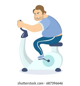 Fat Man Rides Bycicle At The Gym On White Background. Trying To Loose Weight.