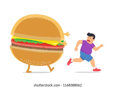 Fat man run away from hamburger for lose weight. Concept illustration about diet.