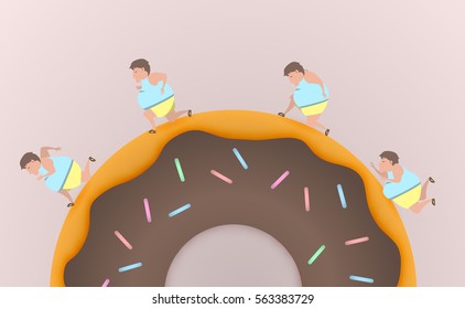 Fat man run on donut and never give up vector illustration