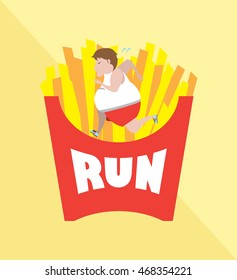 Fat man run on junk food vector illustration