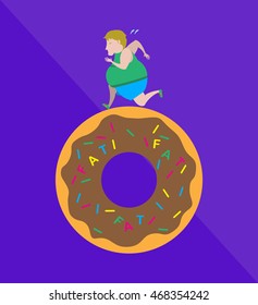 Fat man run on junk food vector illustration