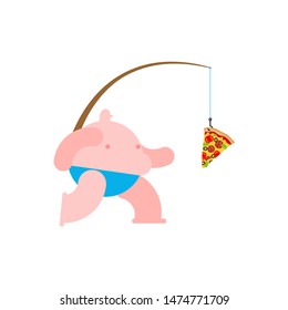 Fat man run for pizza. fast food on fishing rod
