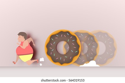Fat man runaway from donut vector illustration