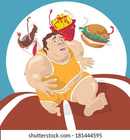 fat man running away from fast food