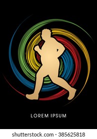 Fat man running designed on spin wheel background graphic vector.