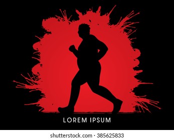 Fat man running designed on splash blood background graphic vector.