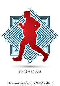 Fat man running designed on line square background graphic vector.