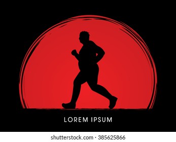 Fat man running designed on sunset background graphic vector.